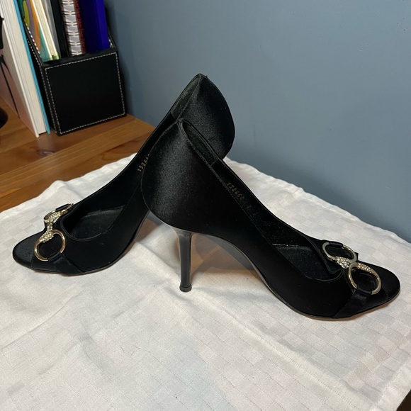 Gucci black satin, crystal horsebit peep toe pumps. - Picture 7 of 7